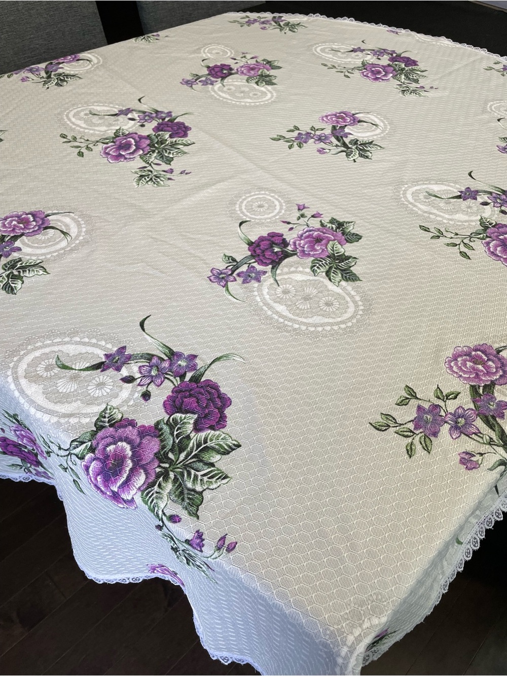 Floral Lace Circle Tablecloth Purple & White Elegant Home Dining 60 Inch